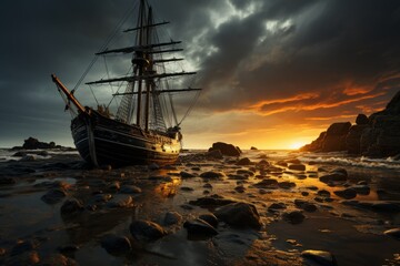 Ship on rocky beach at sunset, mast silhouetted against dusky sky - obrazy, fototapety, plakaty