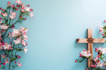 Photo of a wooden cross and flowers on a light blue background, representing Christian worship for Easter celebration Generative AI