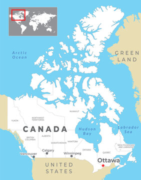 Canada Political Map with capital Ottawa, most important cities and national borders