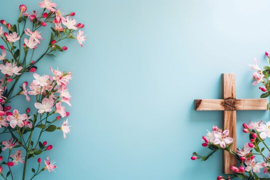 Photo of a wooden cross and flowers on a light blue background, representing Christian worship for Easter celebration Generative AI