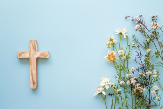 Photo of a wooden cross and flowers on a light blue background, representing Christianity Generative AI