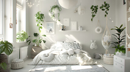 A cozy and inviting bedroom brimming with sunlight, surrounded by plants, and decorated with soft textiles