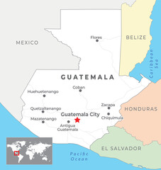Guatemala Political Map with capital Guatemala City, most important cities and national borders