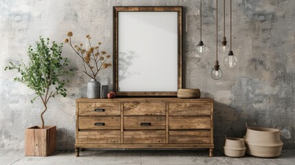 Rustic home interior living room with wooden cabinet and blank mock up poster frame. AI generated