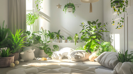 A sun-filled room designed for relaxation, featuring plush toys and a wealth of lush greenery and plants