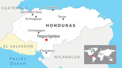 Honduras Political Map with capital Tegucigalpa, most important cities and national borders