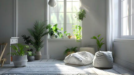 A serene space featuring natural light, plush bean bags, and an abundance of indoor green plants