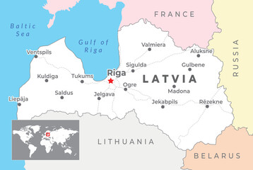 Latvia political map with capital Riga, most important cities and national borders - obrazy, fototapety, plakaty
