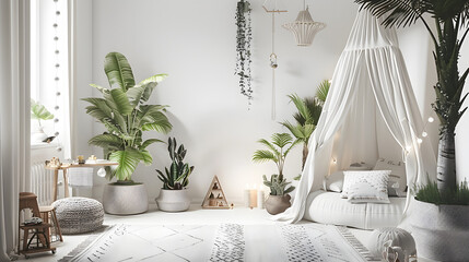 A bohemian-inspired bedroom sanctuary featuring a canopy bed, lush indoor plants, and earthy tones for a calm atmosphere