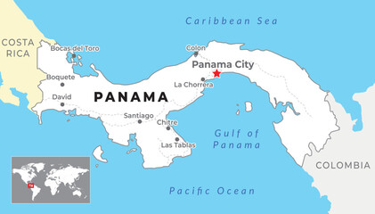 Panama Political Map with capital Panama City, most important cities and national borders