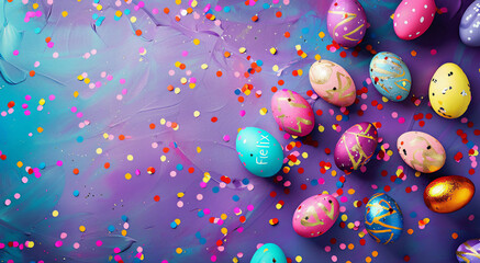 Ovos de Páscoa  decorados e coloridos em um fundo lilás com espaço para texto