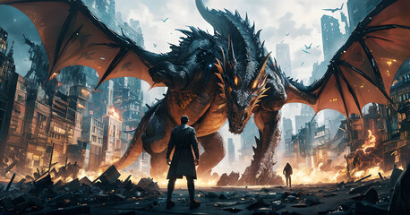 Digital illustration painting design style a dragon slayer fighting with boss of dragon in video game, against ruins city