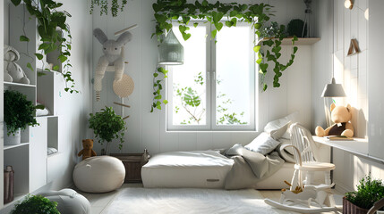 A playful, vibrant kid's room adorned with plush toys, green hanging plants, and a cozy window seat