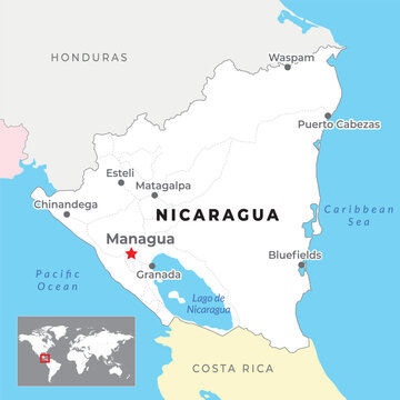 Nicaragua Political Map with capital Managua, most important cities and national borders