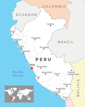 Peru map with capital Lima, most important cities and national borders