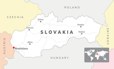Slovakia political map with capital Bratislava, most important cities and national borders - obrazy, fototapety, plakaty