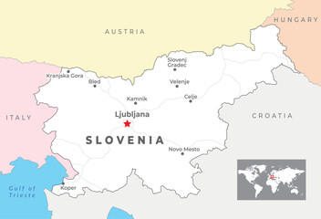 Slovenia political map with capital Ljubljana, most important cities and national borders - obrazy, fototapety, plakaty