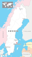 Sweden Political Map with capital Stockholm, most important cities and national borders - obrazy, fototapety, plakaty