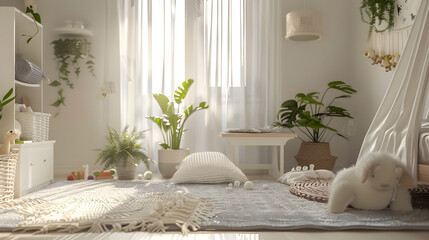 A well-lit spacious children's room with boho decor and green plants creating a cozy, playful atmosphere for kids