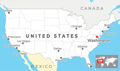 United States of America Map with capital Washington, most important cities and national borders
