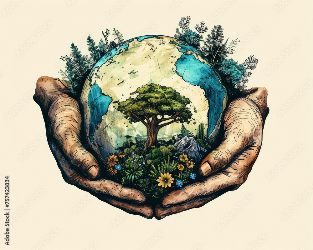 Poster a hand holding a globe with a tree in the middle. concept of protecting the environment and the impo