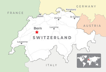 Switzerland Political Map with capital Bern, most important cities and national borders - obrazy, fototapety, plakaty