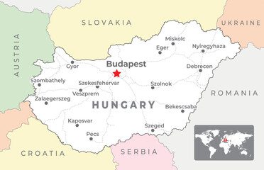 Hungary political map with capital Budapest, most important cities and national borders - obrazy, fototapety, plakaty