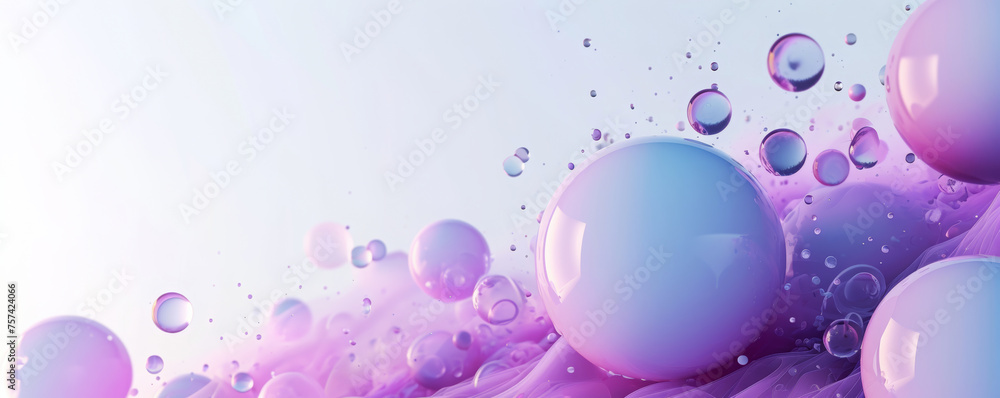Poster abstract backdrop with translucent pink and blue bubbles floating over a liquid surface, conveying a