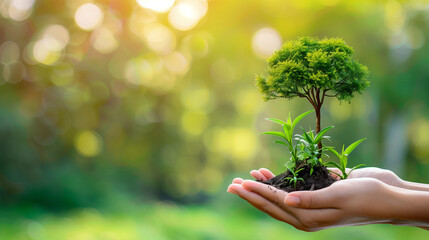 Fototapeta na wymiar Environment Earth Day In the hands of trees growing seedlings. Bokeh green Background Female hand holding tree on nature field grass Forest conservation concept