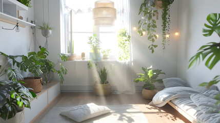 A warm and cozy window nook lit by natural sunlight, surrounded by lush greenery and comfortable pillows for relaxation