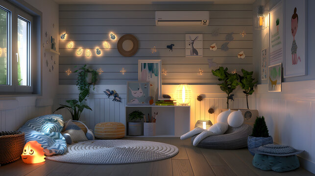 An enchanting children's bedroom with playful night lights, cozy textiles, and cute décor, creating a magical atmosphere
