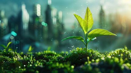 A small green plant is growing in a field of grass. The plant is surrounded by a cityscape in the background, with tall buildings and a cloudy sky. Concept of hope and growth