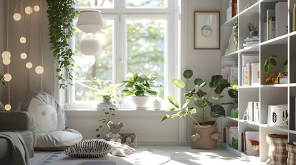 A cozy reading nook by the window, with sunlight creating a bokeh effect A bookshelf and houseplants add charm and tranquility to the space