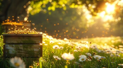 A background featuring hives set against lush green grass, with honey bees returning from their collection expeditions