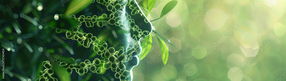 Poster a green leafy background with a face in the middle. the face is made of dna and is surrounded by lea