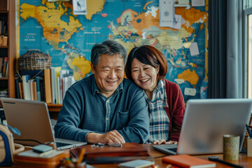 Midldle age Asian Pair Mapping Adventures on Laptop, World Map Display. Generative AI