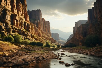 Water flows through canyon with mountain backdrop in natural landscape - Powered by Adobe