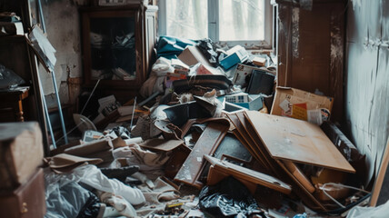 Fototapeta na wymiar Aftermath of cluttered room showing disarray and neglect.