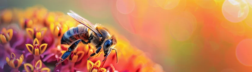 Fotobehang A bee is on a flower with a bright orange background. The bee is surrounded by the flower's petals, and the image has a warm, inviting feeling © Mongkol