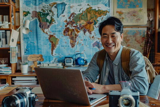 Young asian man Mapping Adventures on Laptop, World Map Display. Generative AI - Powered by Adobe