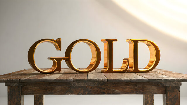 The word GOLD placed on a wooden table.