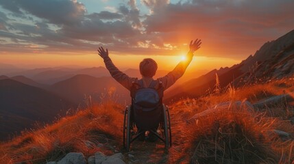 A boy in a wheelchair on a grassy knoll, with his hands raised high, facing a breathtaking sunset that paints the sky and the mountainous horizon in shades of orange, pink - obrazy, fototapety, plakaty