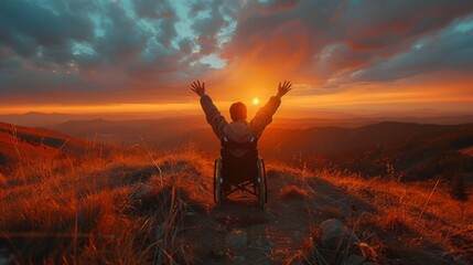 A boy in a wheelchair on a grassy knoll, with his hands raised high, facing a breathtaking sunset that paints the sky and the mountainous horizon in shades of orange - obrazy, fototapety, plakaty