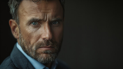 Intense gaze from a ruggedly handsome man with a determined expression. - obrazy, fototapety, plakaty