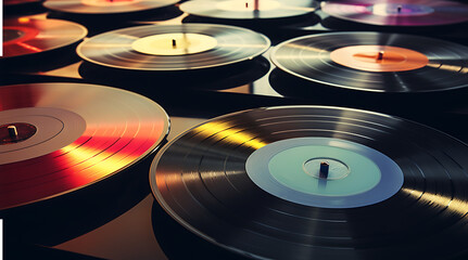 collection of vinyl records illuminated by a soft, ambient light  - obrazy, fototapety, plakaty