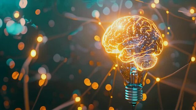 Animation of human brain with light bulb, innovation, brainstorm and genius idea concept.