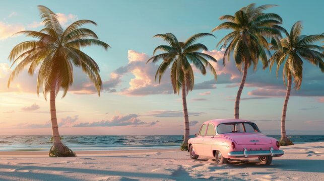 3D Illustration pink car on tropical beach at summer background. AI generated image
