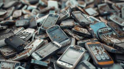 Pile of obsolete mobile phones representing technology's rapid obsolescence.