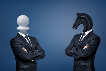 Chess pieces with human suits and animal heads