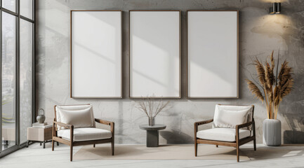 Fototapeta premium Living room, chair and home interior design with blank wall for apartment design and lifestyle. Cozy, modern and luxury furniture mockup space for art or frame for ideas and architecture inspiration